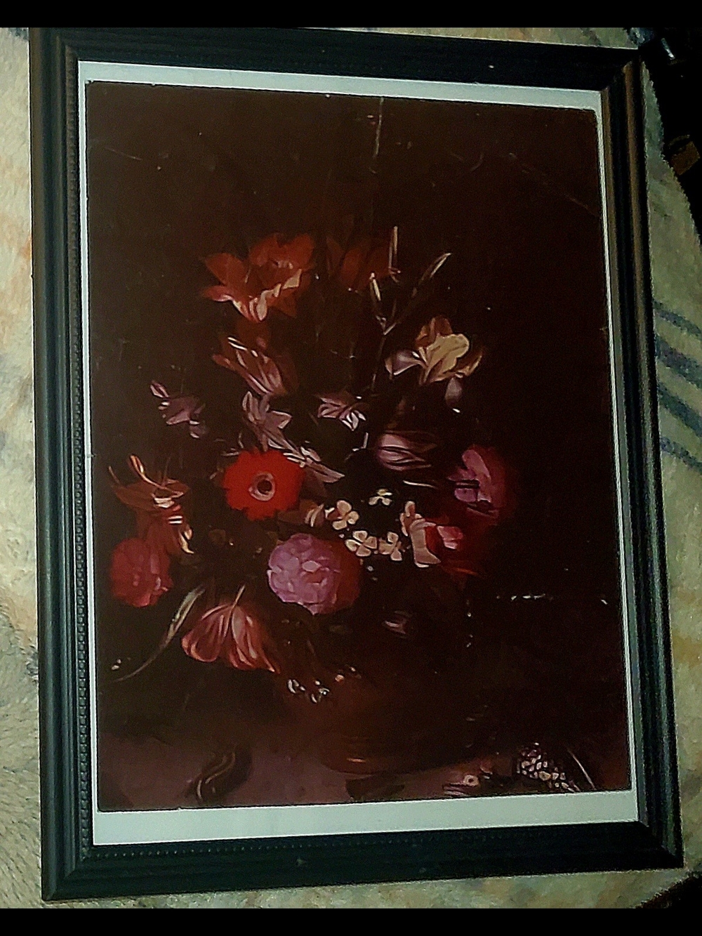 Glass & Wood Framed Floral Still Life Print - Deep Burgundy & Pink Blooms